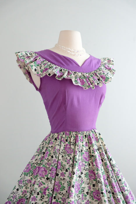 Fantastic 1950's French Violet Rose Cotton Dress / Sz SM