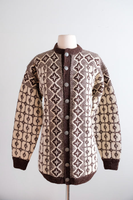 Vintage 1960's Coffee & Cream Handmade Nordic Cardigan Sweater / L