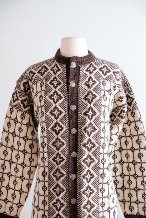 Vintage 1960's Coffee & Cream Handmade Nordic Cardigan Sweater / L