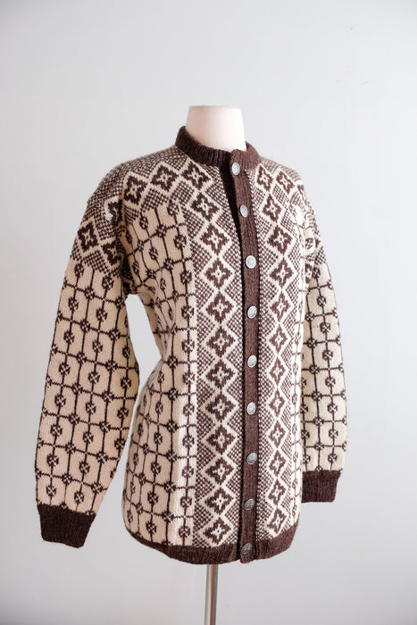 Vintage 1960's Coffee & Cream Handmade Nordic Cardigan Sweater / L