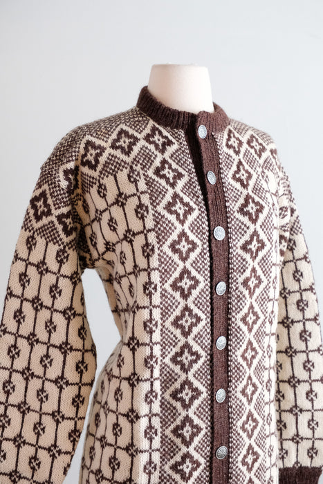 Vintage 1960's Coffee & Cream Handmade Nordic Cardigan Sweater / L