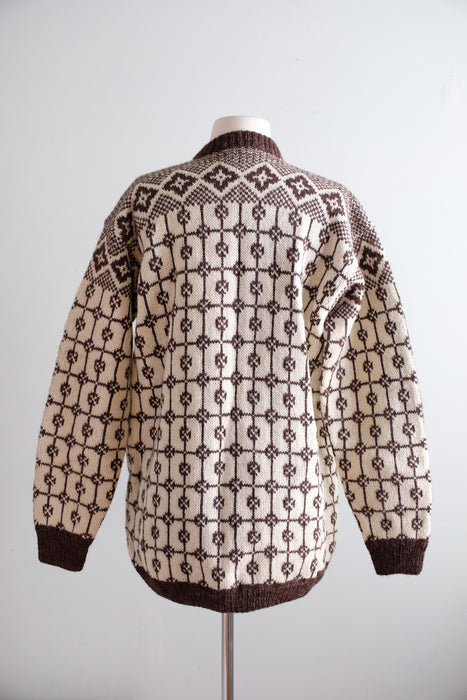 Vintage 1960's Coffee & Cream Handmade Nordic Cardigan Sweater / L