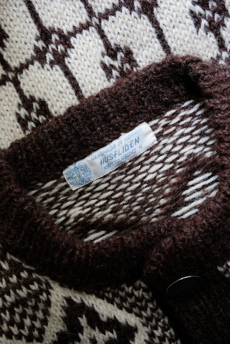 Vintage 1960's Coffee & Cream Handmade Nordic Cardigan Sweater / L