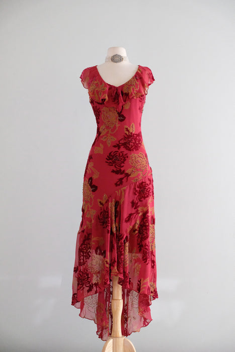 Vintage 1990's Crimson & Gold Silk Chiffon Bias Cut Dress by Morrell Maxie