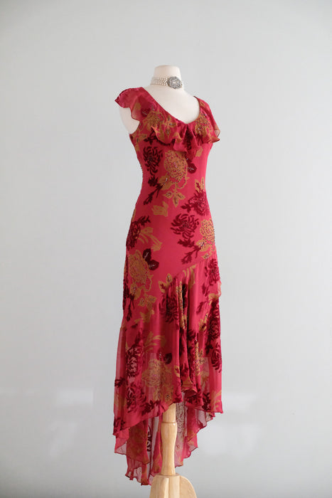 Vintage 1990's Crimson & Gold Silk Chiffon Bias Cut Dress by Morrell Maxie