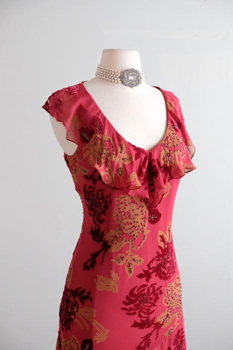 Vintage 1990's Crimson & Gold Silk Chiffon Bias Cut Dress by Morrell Maxie