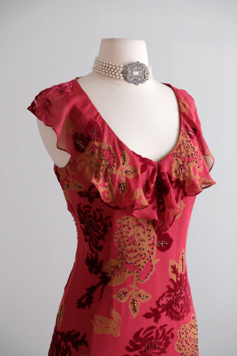 Vintage 1990's Crimson & Gold Silk Chiffon Bias Cut Dress by Morrell Maxie