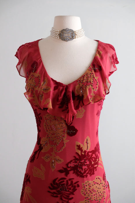 Vintage 1990's Crimson & Gold Silk Chiffon Bias Cut Dress by Morrell Maxie