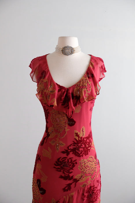 Vintage 1990's Crimson & Gold Silk Chiffon Bias Cut Dress by Morrell Maxie