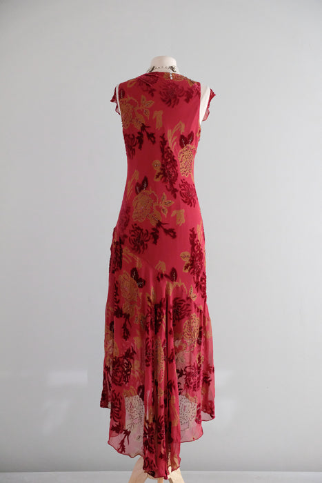 Vintage 1990's Crimson & Gold Silk Chiffon Bias Cut Dress by Morrell Maxie