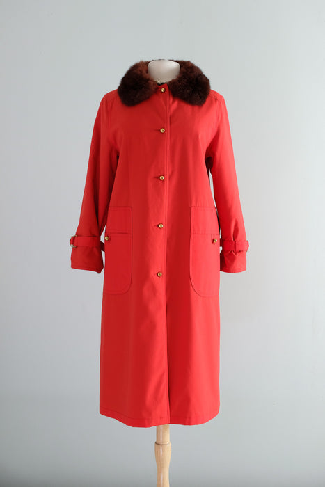 Vintage 1970's Fire Hydrant Red Raincoat with Fur Trim Collar by Bonnie Cashin / ML