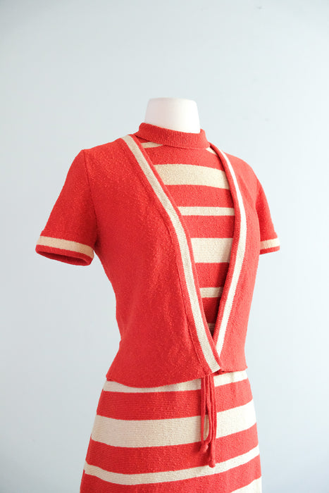 Charming 1960's Tomato Red Striped Knit Dress Set / M
