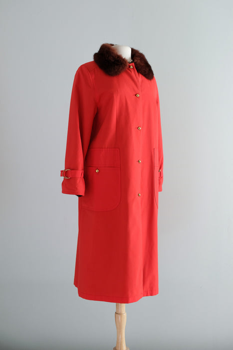 Vintage 1970's Fire Hydrant Red Raincoat with Fur Trim Collar by Bonnie Cashin / ML
