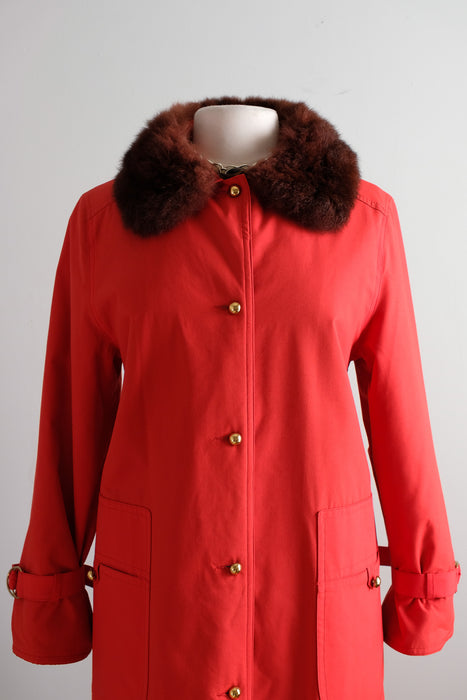 Vintage 1970's Fire Hydrant Red Raincoat with Fur Trim Collar by Bonnie Cashin / ML