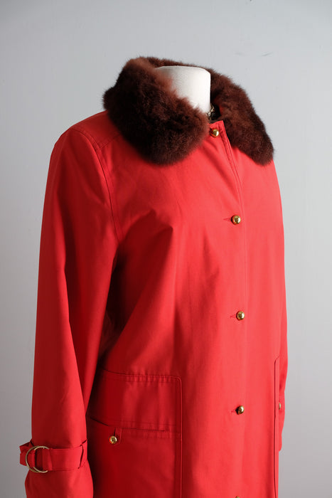 Vintage 1970's Fire Hydrant Red Raincoat with Fur Trim Collar by Bonnie Cashin / ML