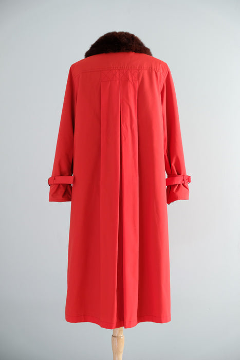 Vintage 1970's Fire Hydrant Red Raincoat with Fur Trim Collar by Bonnie Cashin / ML