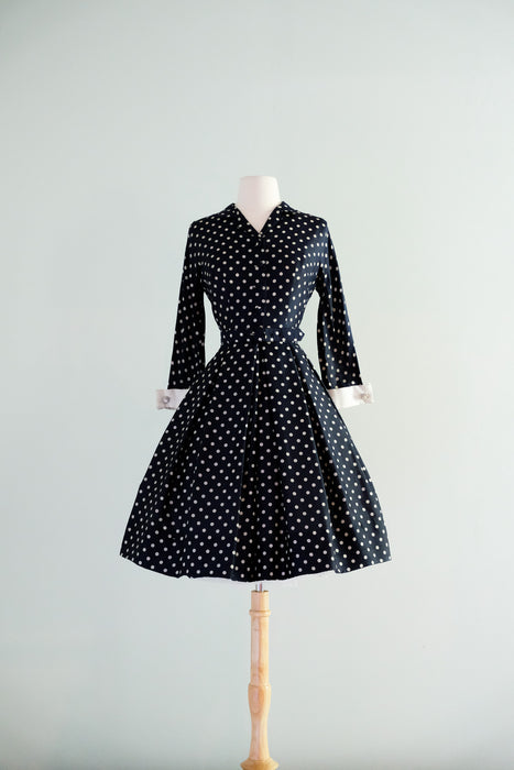 Pretty in Polka Dots 1950's Navy Silk Dress / Sz S