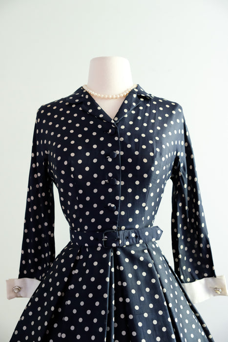 Pretty in Polka Dots 1950's Navy Silk Dress / Sz S