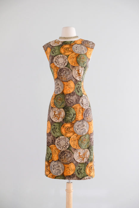 Vintage 1960's Novelty Print Cotton Sheath Dress With Ancient Coin Motif / M