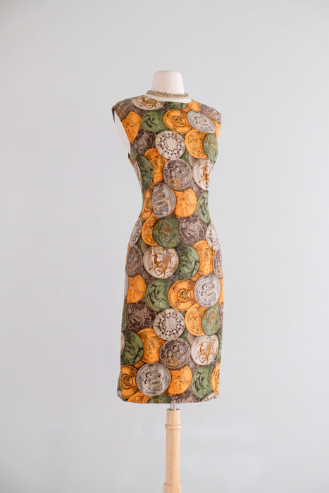 Vintage 1960's Novelty Print Cotton Sheath Dress With Ancient Coin Motif / M