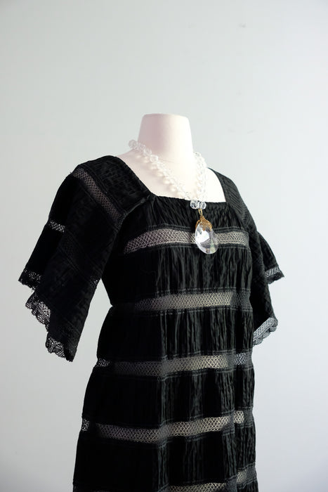 Amazing 1970's Semi-Sheer Crochet Black Mexican Sundress by Jacaranda  / M