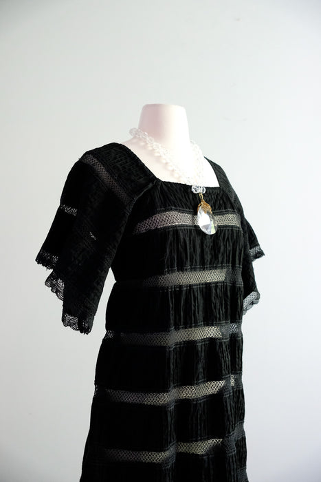 Amazing 1970's Semi-Sheer Crochet Black Mexican Sundress by Jacaranda  / M