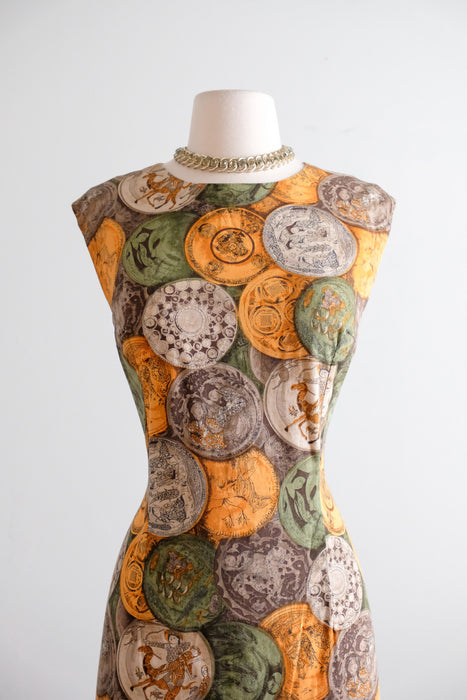 Vintage 1960's Novelty Print Cotton Sheath Dress With Ancient Coin Motif / M