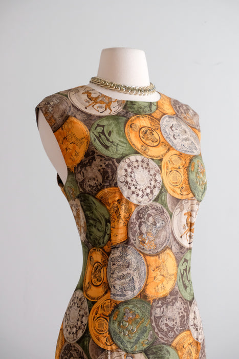Vintage 1960's Novelty Print Cotton Sheath Dress With Ancient Coin Motif / M