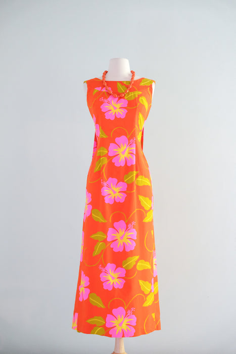 Stunning 1960's Pink Hibiscus Orange Cotton Hawaiian Gown / S/M