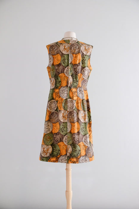 Vintage 1960's Novelty Print Cotton Sheath Dress With Ancient Coin Motif / M