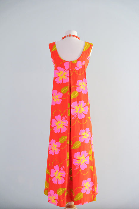 Stunning 1960's Pink Hibiscus Orange Cotton Hawaiian Gown / S/M