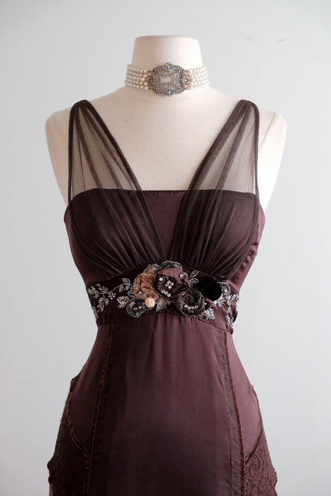 Vintage Y2K Chestnut Silk Lace Party Dress by Karen Millen / M