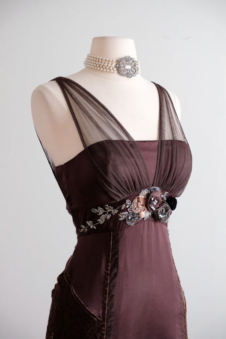 karen millen vintage dresses Vintage Y2K Chestnut Silk Lace Party Dress by Karen Millen / M – Xtabay Vintage