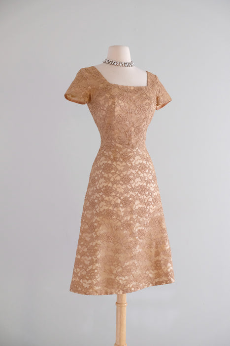 Vintage 1950's “A Norman Original” Toffee Lace Dress With Pearls / M
