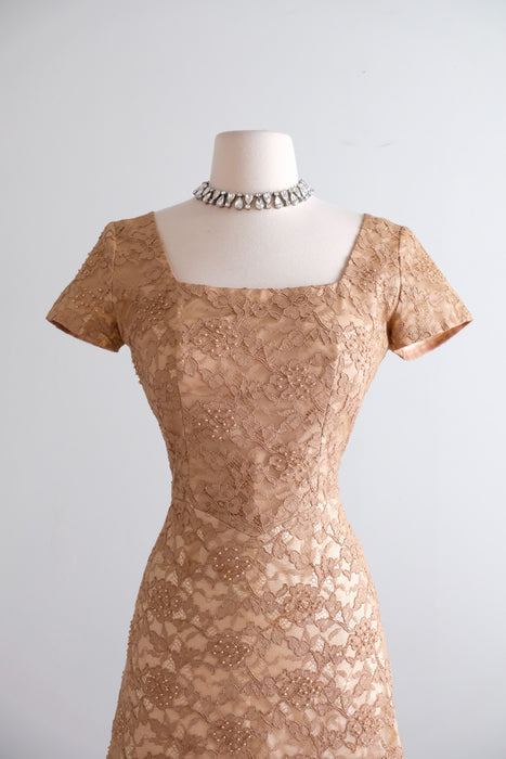 Vintage 1950's “A Norman Original” Toffee Lace Dress With Pearls / M