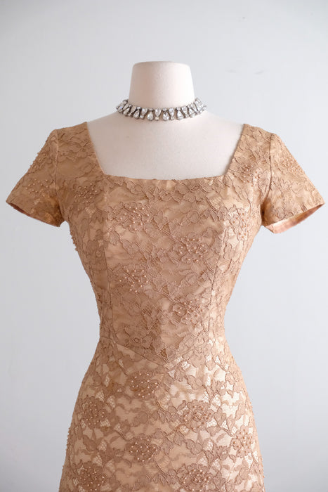 Vintage 1950's “A Norman Original” Toffee Lace Dress With Pearls / M