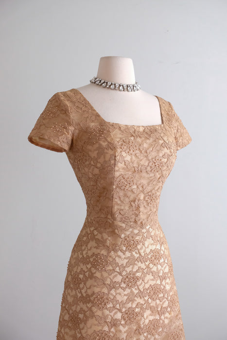 Vintage 1950's “A Norman Original” Toffee Lace Dress With Pearls / M