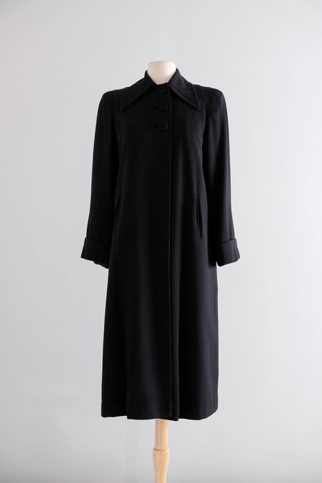 Vintage 1940's Black Wool Gabardine Swagger Coat by Julliard / M