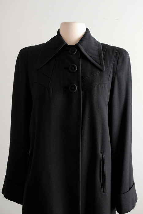 Vintage 1940's Black Wool Gabardine Swagger Coat by Julliard / M