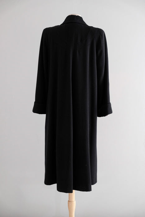 Vintage 1940's Black Wool Gabardine Swagger Coat by Julliard / M