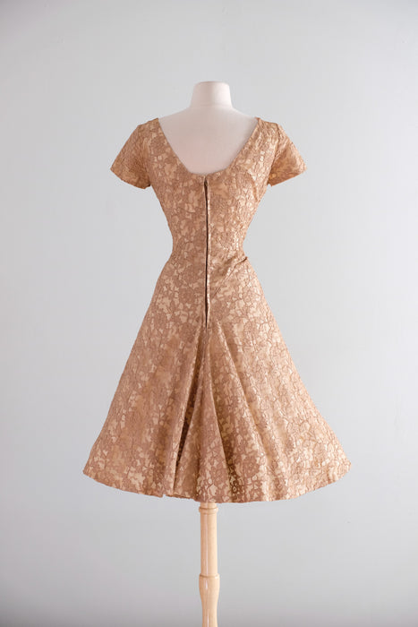 Vintage 1950's “A Norman Original” Toffee Lace Dress With Pearls / M