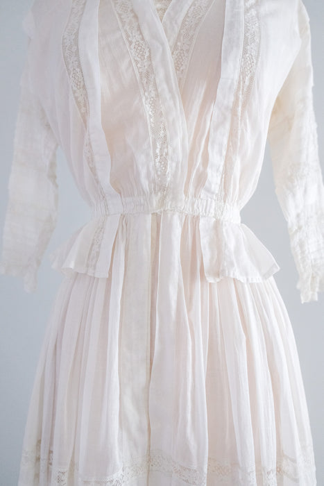 Exquisite Antique Edwardian Ivory Cotton Lawn Gown / XS/S