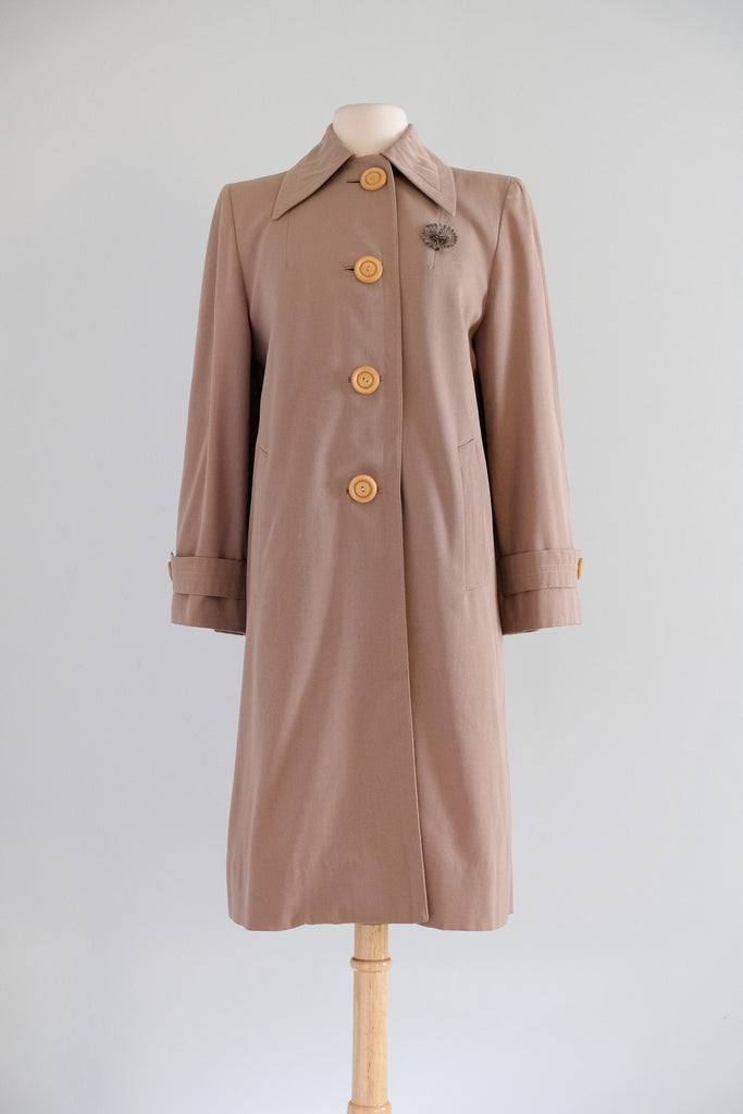 Vintage 1940's French Beige Wool Gabardine Swing Coat with