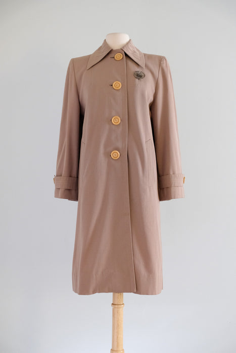 Vintage 1940's French Beige Wool Gabardine Swing Coat with Butterscotch Buttons/ M