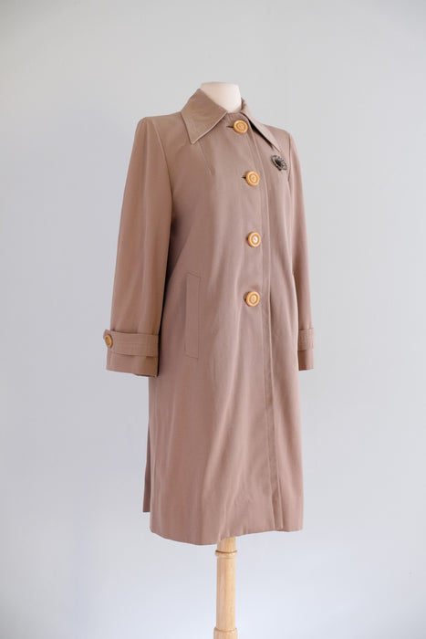 Vintage 1940's French Beige Wool Gabardine Swing Coat with Butterscotch Buttons/ M