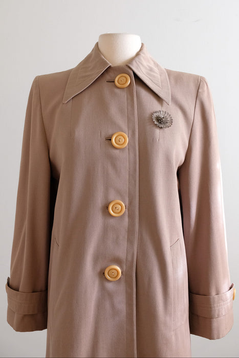 Vintage 1940's French Beige Wool Gabardine Swing Coat with Butterscotch Buttons/ M