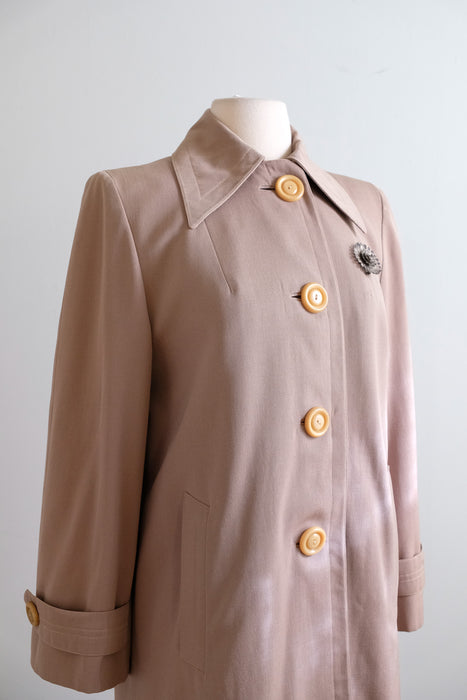 Vintage 1940's French Beige Wool Gabardine Swing Coat with Butterscotch Buttons/ M