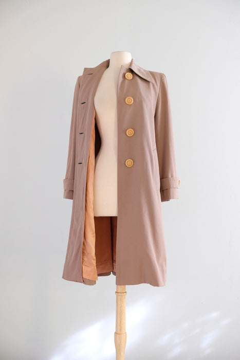 Vintage 1940's French Beige Wool Gabardine Swing Coat with Butterscotch Buttons/ M