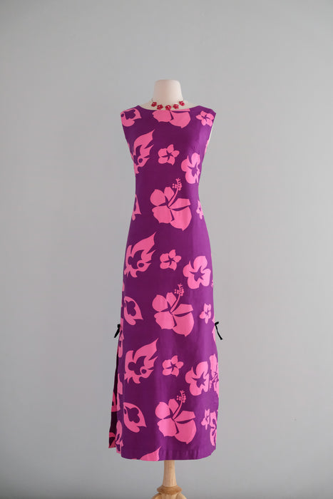 Fantastic 1960's Magenta Hibiscus Hawaiian Gown by Hookano / M/L