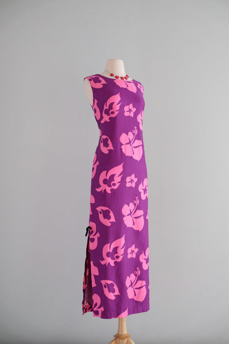 Fantastic 1960's Magenta Hibiscus Hawaiian Gown by Hookano / M/L